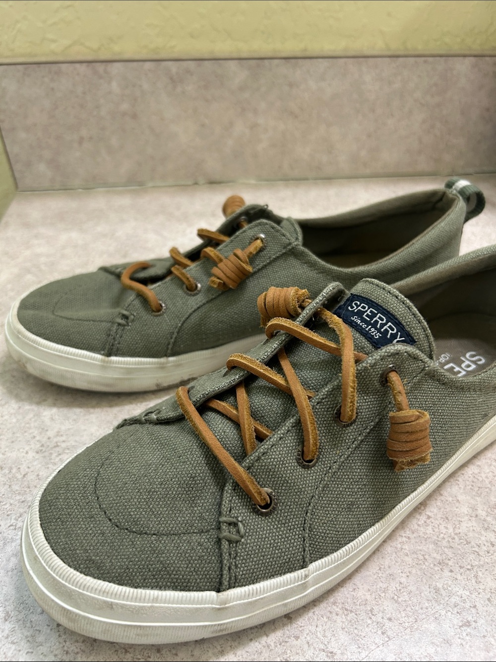 Sperry Olive Canvas Low-Top Sneakers with Tan Laces